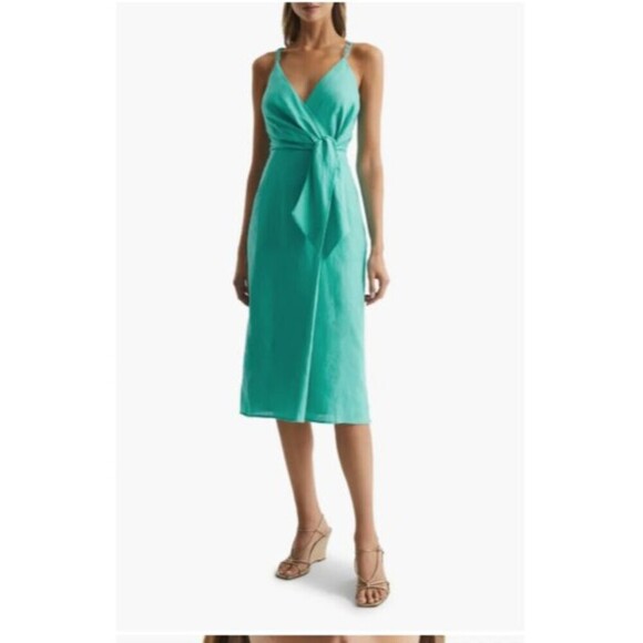 Reiss Esme Dress Size 2 Aqua Green Faux Wrap Linen Chain Strap Surplice Bodice - Picture 5 of 13